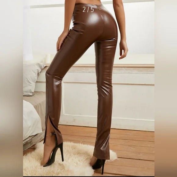 Leather Split Hem Pants - Brown