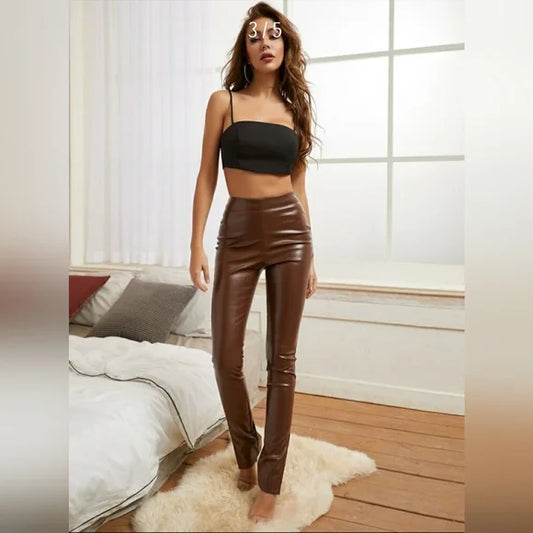 Leather Split Hem Pants - Brown